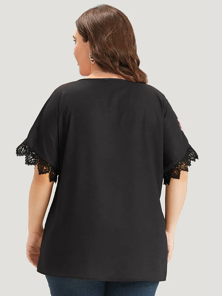 Floral Print Patchwork Lace Trim Gathered Blouse sold by Bloomchic product image thumbnail 4