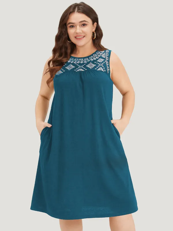 Embroidered Pocket Patchwork Tank Midi Dress sold by Bloomchic