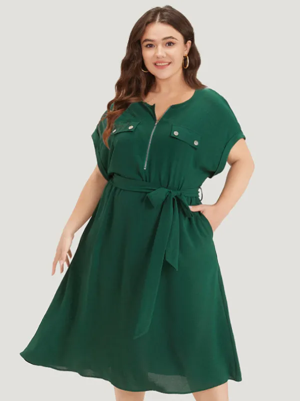 Plain Zipper Pocket Button Detail Belted Roll Dress sold by Bloomchic