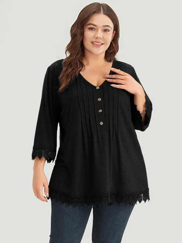 Lace Insert Button Detail Pleated T-shirt sold by Bloomchic