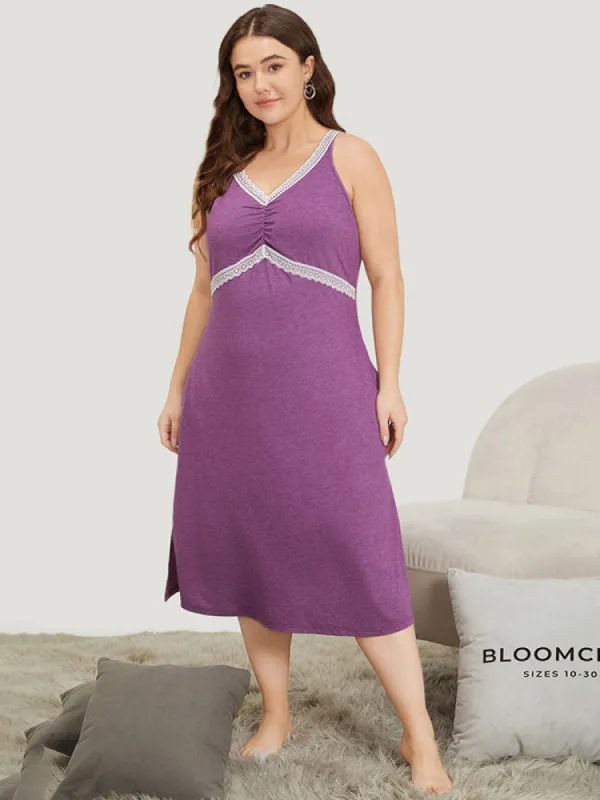 Lace Patchwork Split Side Ruched Cami Sleep Dress sold by Bloomchic