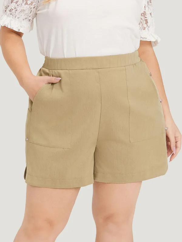 Plain Slant Pocket Curved Hem Button Detail Shorts sold by Bloomchic