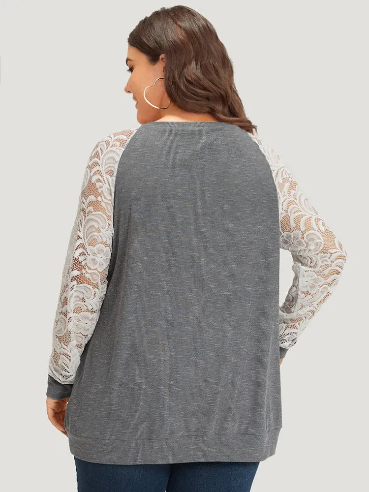 Lace Panel Raglan Sleeve Elastic Cuffs Sweatshirt sold by Bloomchic product image thumbnail 5