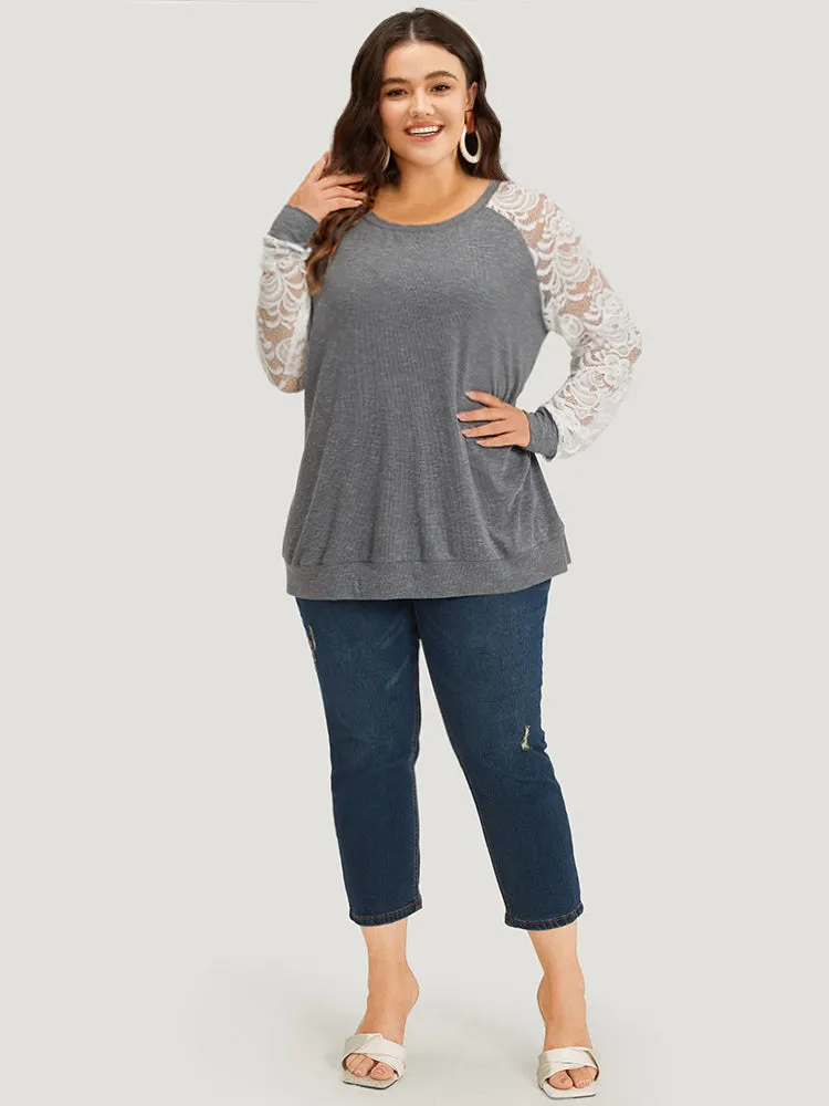Lace Panel Raglan Sleeve Elastic Cuffs Sweatshirt sold by Bloomchic product image thumbnail 3