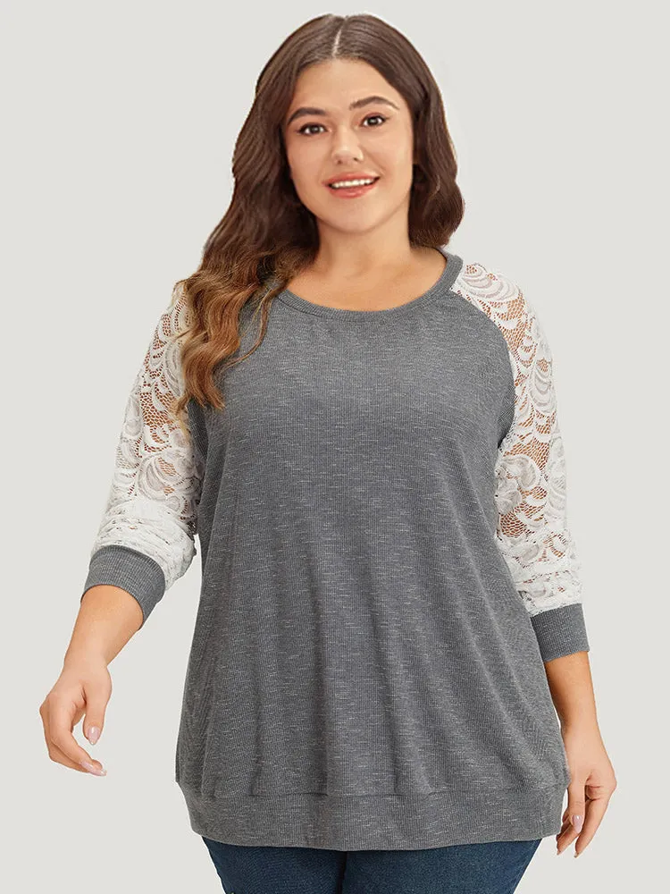 Lace Panel Raglan Sleeve Elastic Cuffs Sweatshirt sold by Bloomchic