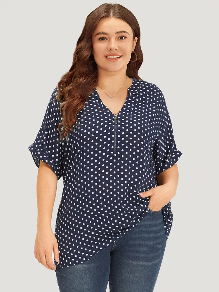 Polka Dot Zipper Notched Dolman Sleeve Blouse sold by Bloomchic