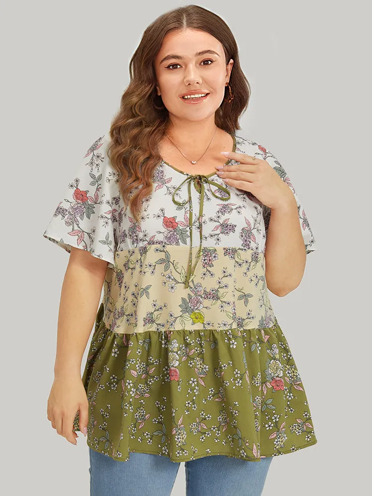 Ditsy Floral Contrast Patchwork Knot Neck Blouse sold by Bloomchic product image thumbnail 5