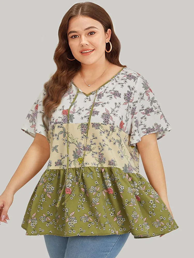 Ditsy Floral Contrast Patchwork Knot Neck Blouse sold by Bloomchic product image thumbnail 2