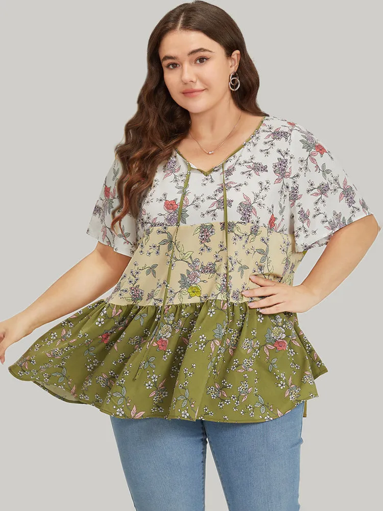 Ditsy Floral Contrast Patchwork Knot Neck Blouse sold by Bloomchic product image thumbnail 3