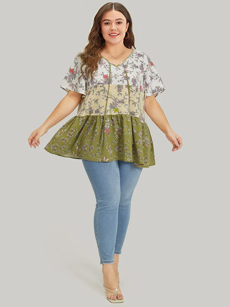 Ditsy Floral Contrast Patchwork Knot Neck Blouse sold by Bloomchic product image thumbnail 4