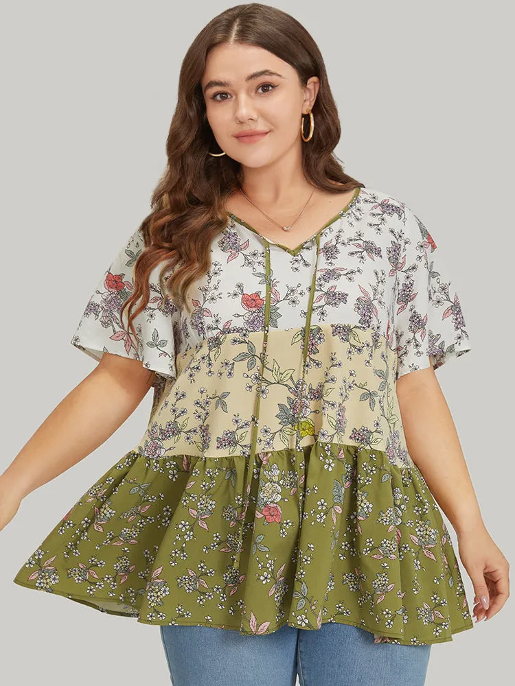 Ditsy Floral Contrast Patchwork Knot Neck Blouse sold by Bloomchic