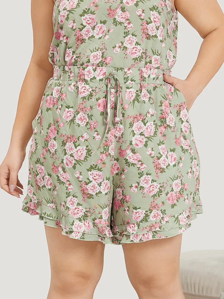 Floral Ties Ruffle Trim Elastic Waist Sleep Pants sold by Bloomchic