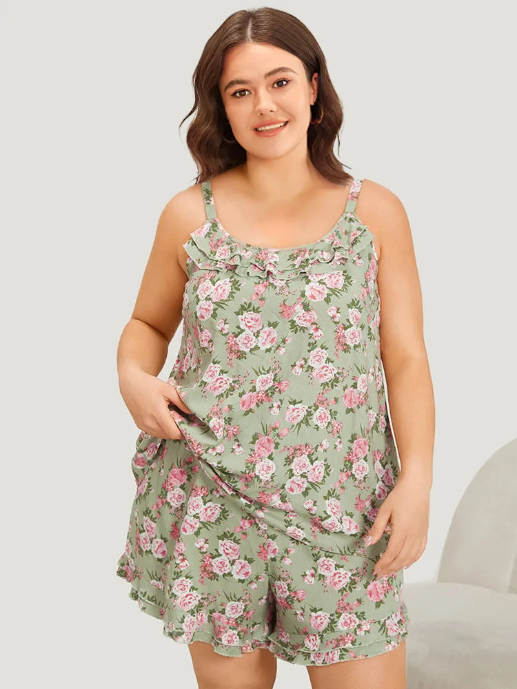 Floral Print Ruffle Trim Tiered Sleep Cami Top sold by Bloomchic