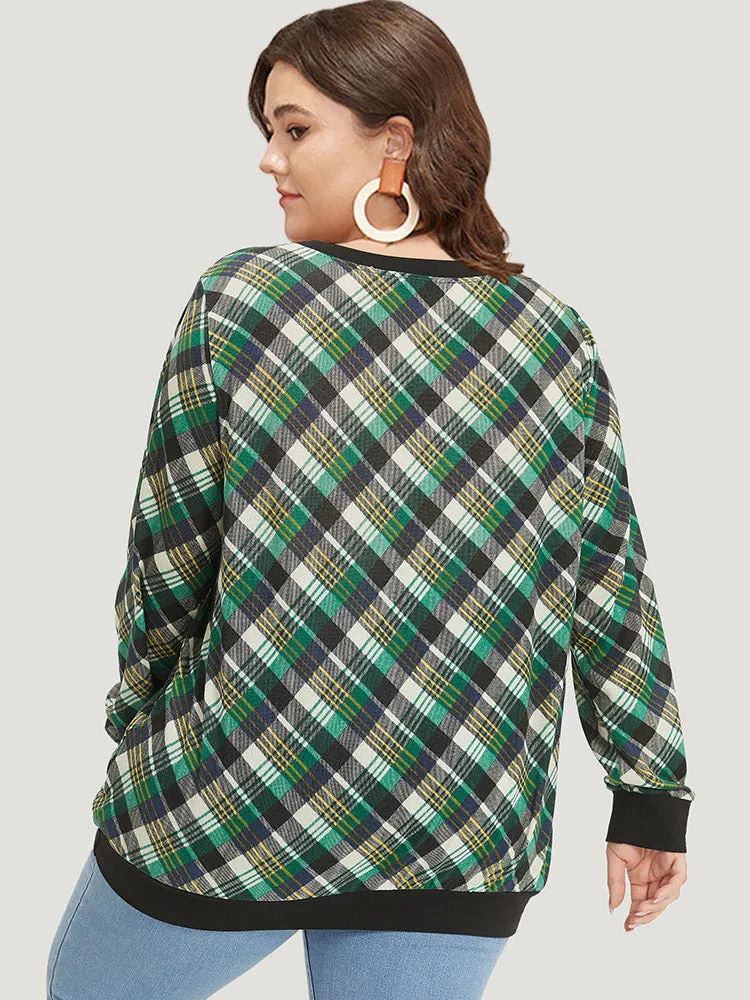 Plaid Button Detail Elastic Cuffs Crew Neck Sweatshirt sold by Bloomchic product image thumbnail 4