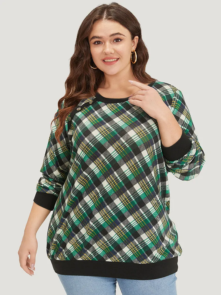 Plaid Button Detail Elastic Cuffs Crew Neck Sweatshirt sold by Bloomchic