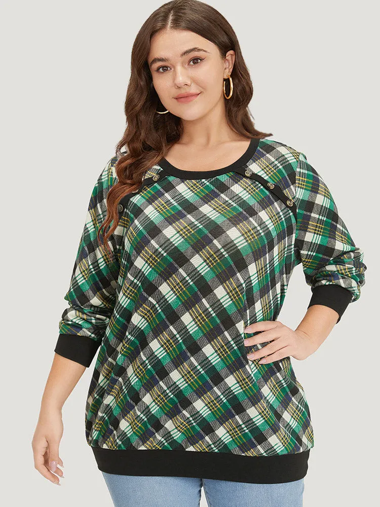 Plaid Button Detail Elastic Cuffs Crew Neck Sweatshirt sold by Bloomchic product image thumbnail 2