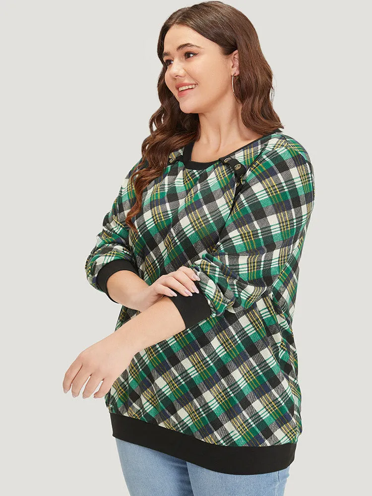 Plaid Button Detail Elastic Cuffs Crew Neck Sweatshirt sold by Bloomchic product image thumbnail 3