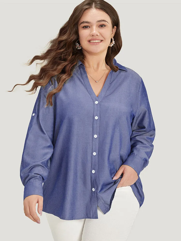 Plain Button Up Shirt Collar Tab Sleeve Blouse sold by Bloomchic product image thumbnail 3