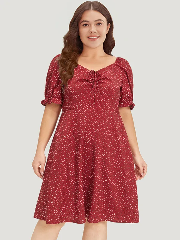 Polka Dot Pocket Drawstring Gathered Puff Sleeve Dress sold by Bloomchic