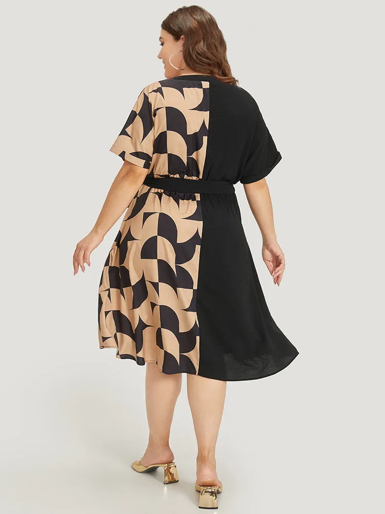 Geometric Patchwork Pocket Belted Notched Dress sold by Bloomchic product image thumbnail 5
