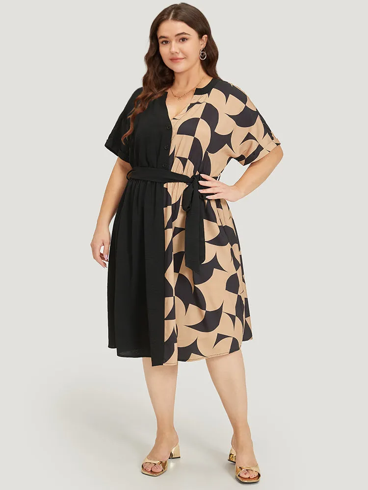 Geometric Patchwork Pocket Belted Notched Dress sold by Bloomchic product image thumbnail 3