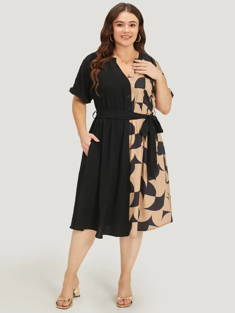 Geometric Patchwork Pocket Belted Notched Dress sold by Bloomchic product image thumbnail 4