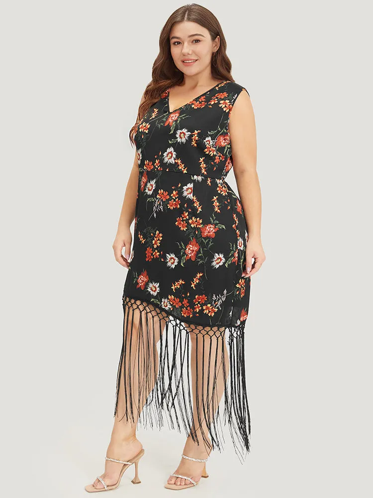 Floral Print Fringe Trim V Neck Tank Dress sold by Bloomchic product image thumbnail 3