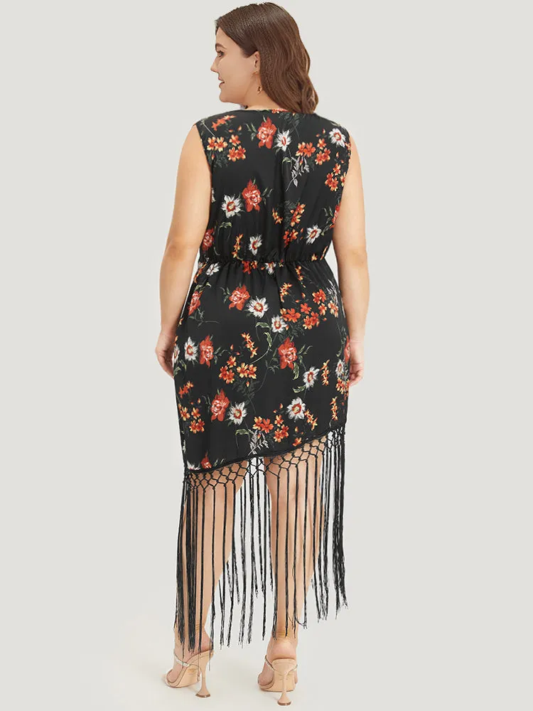 Floral Print Fringe Trim V Neck Tank Dress sold by Bloomchic product image thumbnail 4