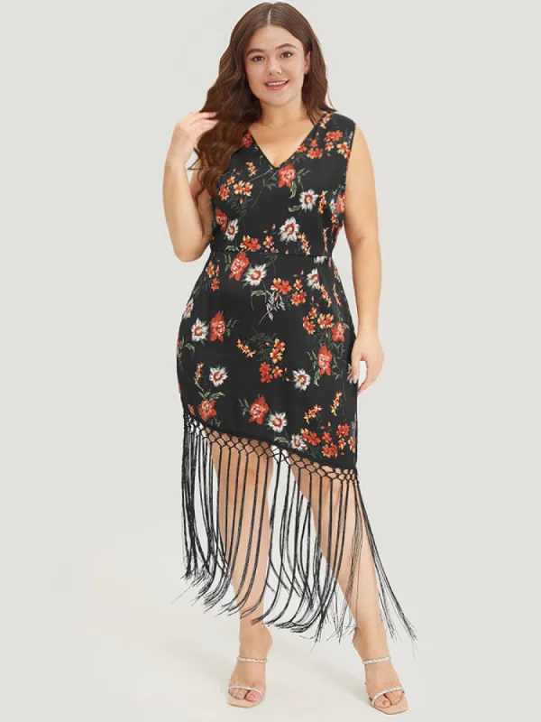 Floral Print Fringe Trim V Neck Tank Dress sold by Bloomchic
