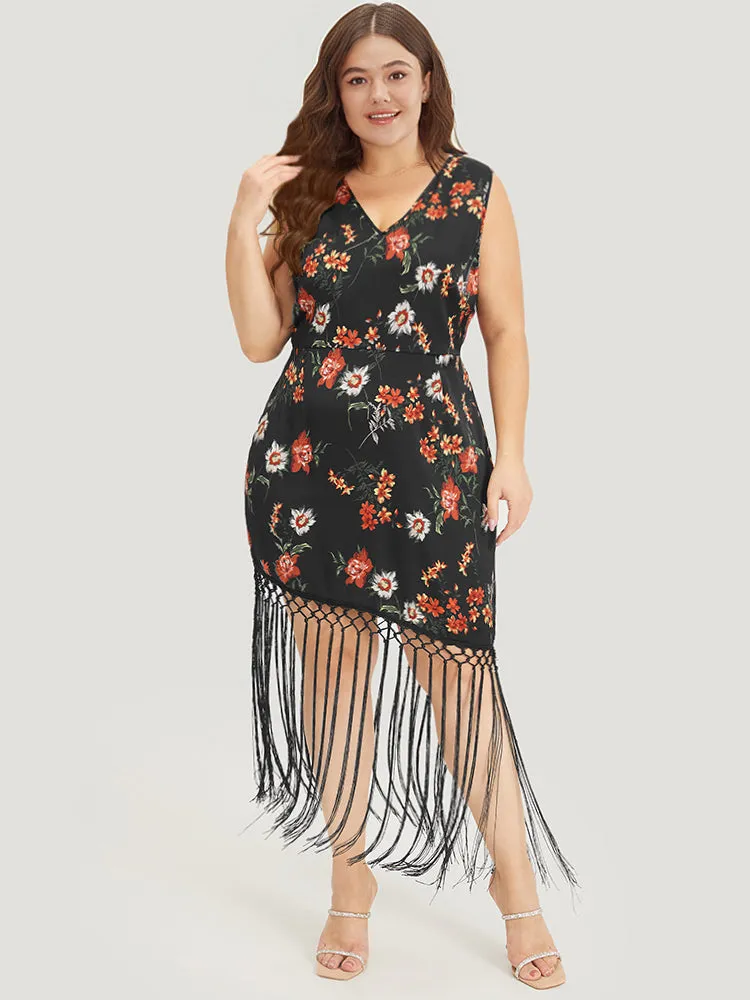 Floral Print Fringe Trim V Neck Tank Dress sold by Bloomchic