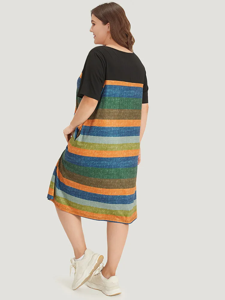Striped Patchwork Notched Button Detail Pocket Dress sold by Bloomchic product image thumbnail 4