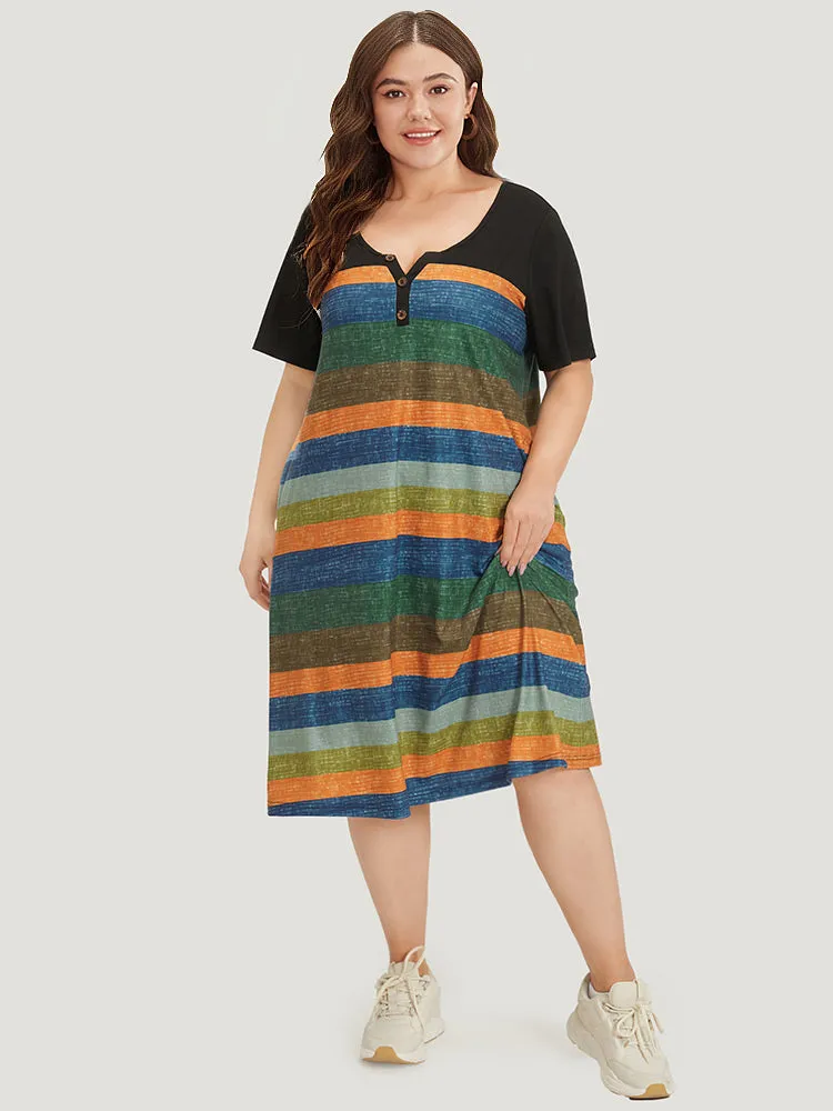 Striped Patchwork Notched Button Detail Pocket Dress sold by Bloomchic