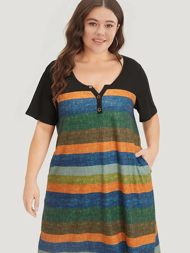 Striped Patchwork Notched Button Detail Pocket Dress sold by Bloomchic product image thumbnail 5