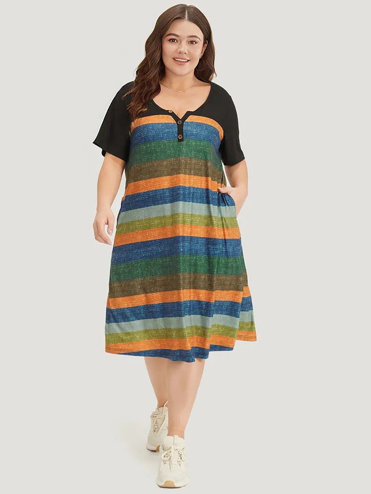 Striped Patchwork Notched Button Detail Pocket Dress sold by Bloomchic product image thumbnail 2