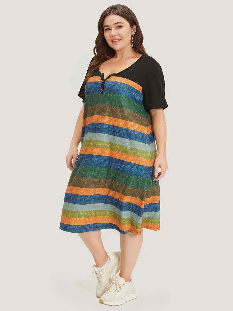 Striped Patchwork Notched Button Detail Pocket Dress sold by Bloomchic product image thumbnail 3