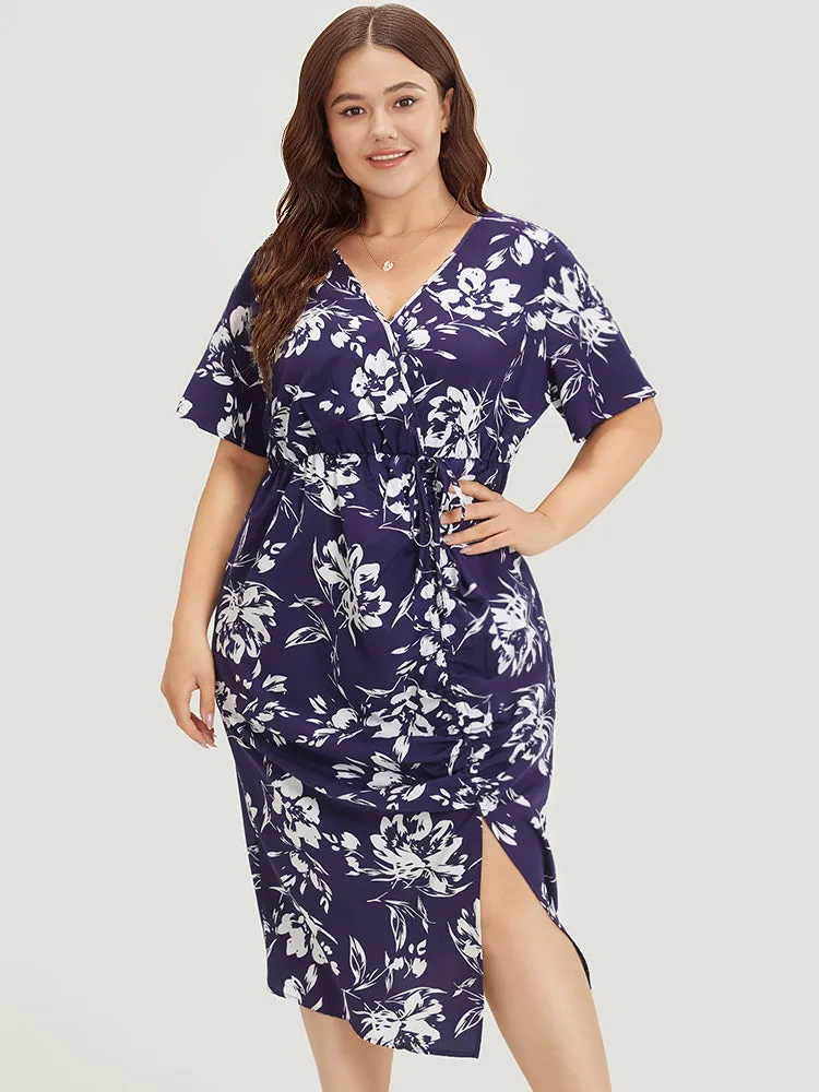 Silhouette Floral Print Wrap Drawstring Split Hem Dress sold by Bloomchic