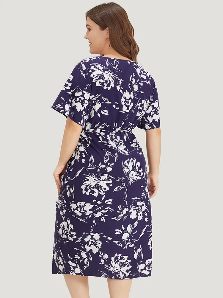 Silhouette Floral Print Wrap Drawstring Split Hem Dress sold by Bloomchic product image thumbnail 2
