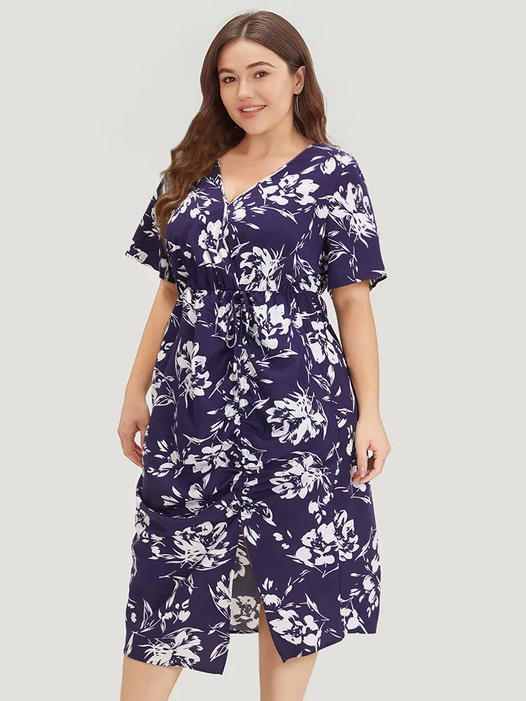 Silhouette Floral Print Wrap Drawstring Split Hem Dress sold by Bloomchic product image thumbnail 3