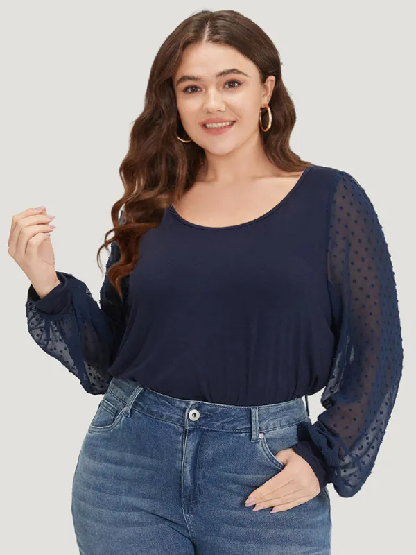 Plain Mesh Patchwork Lantern Sleeve Crew Neck Bodysuit sold by Bloomchic