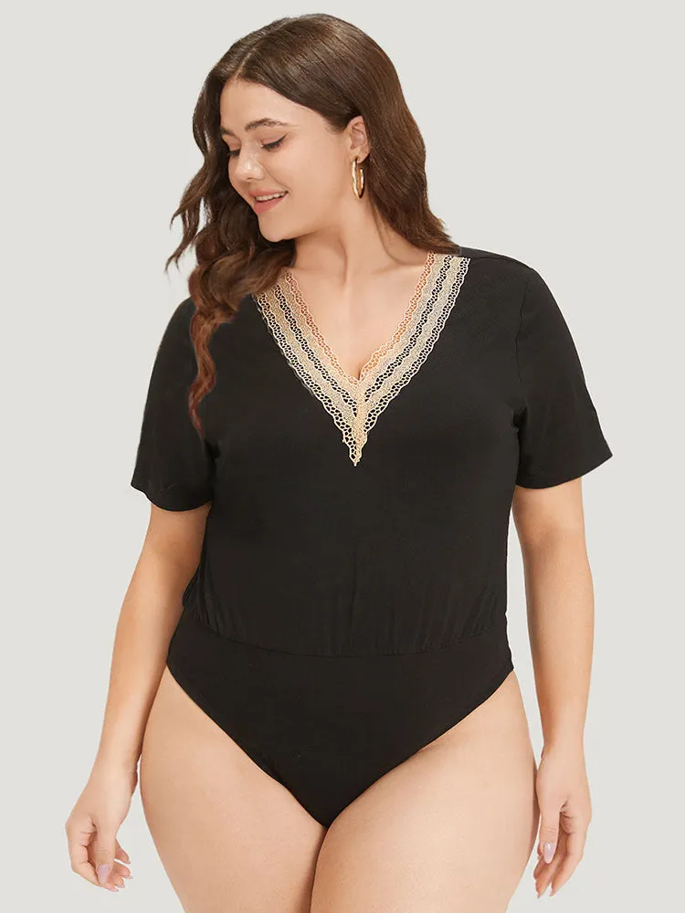 Contrast Lace Patchwork V Neck Bodysuit sold by Bloomchic