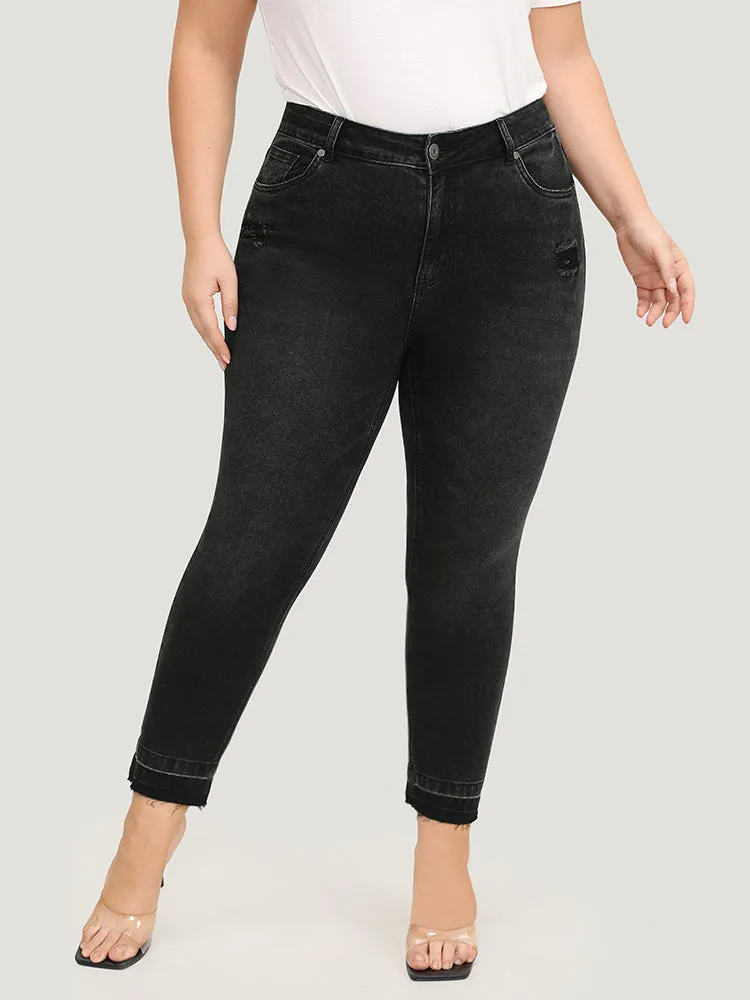 Plain High Rise Black Wash Ripped Jeans sold by Bloomchic