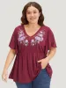 Floral Embroidered V Neck Gathered Ruffle Sleeve T-shirt sold by Bloomchic