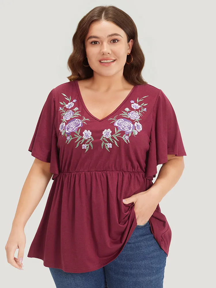 Floral Embroidered V Neck Gathered Ruffle Sleeve T-shirt sold by Bloomchic product image thumbnail 4