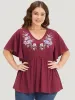 Floral Embroidered V Neck Gathered Ruffle Sleeve T-shirt sold by Bloomchic