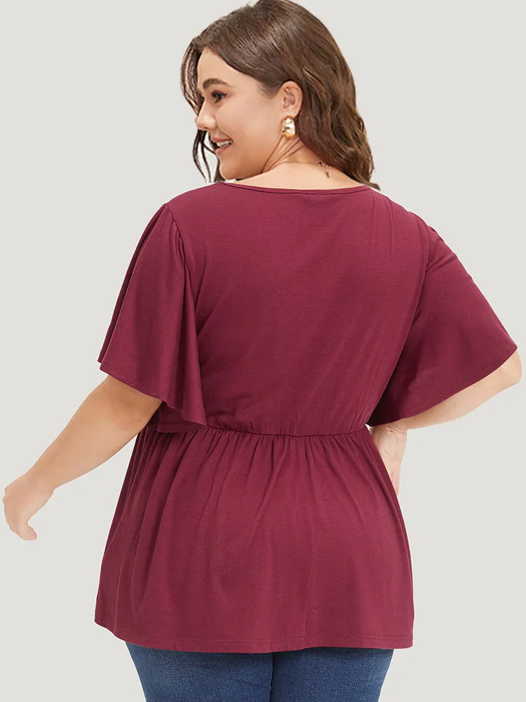 Floral Embroidered V Neck Gathered Ruffle Sleeve T-shirt sold by Bloomchic product image thumbnail 2