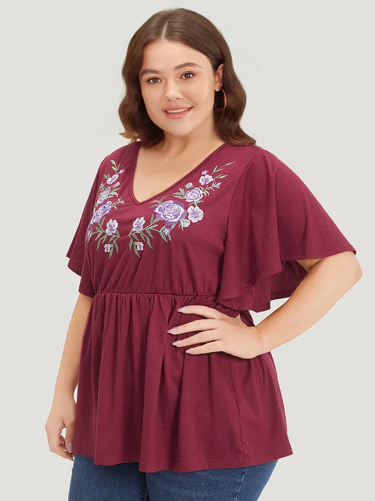 Floral Embroidered V Neck Gathered Ruffle Sleeve T-shirt sold by Bloomchic product image thumbnail 3