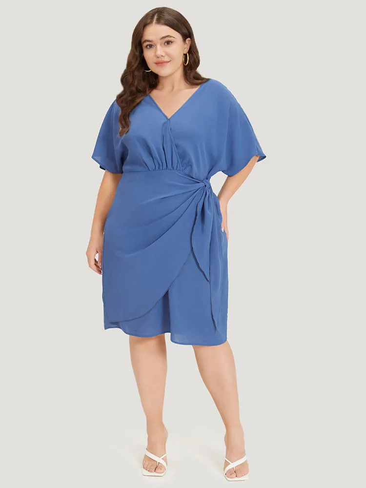Solid Surplice Neck Gathered Twist Front Batwing Sleeve Dress sold by Bloomchic product image thumbnail 4