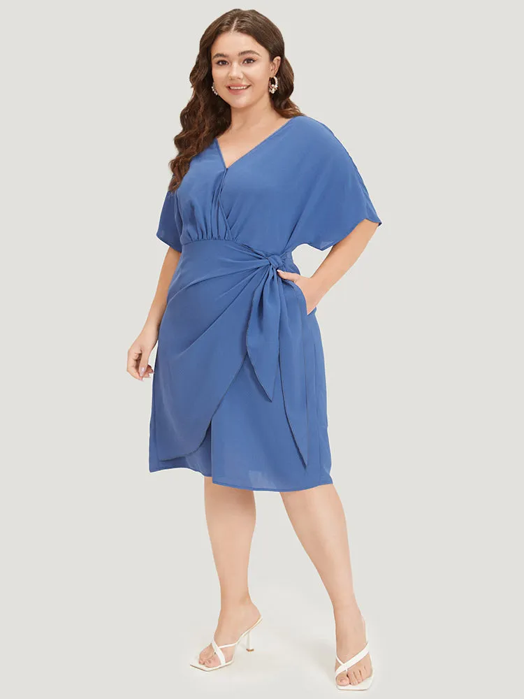 Solid Surplice Neck Gathered Twist Front Batwing Sleeve Dress sold by Bloomchic product image thumbnail 3