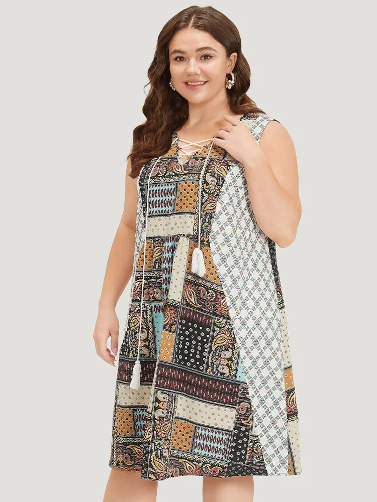 Boho Print Lace Up Ruffle Hem Tank Dress sold by Bloomchic product image thumbnail 4