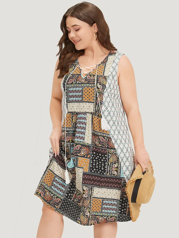 Boho Print Lace Up Ruffle Hem Tank Dress sold by Bloomchic